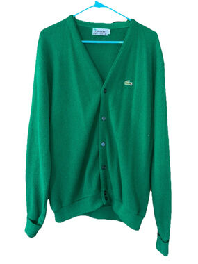 Izod Lacoste One Point Oron Acrylic Knit Cardigan Green American Large 70’s VTG